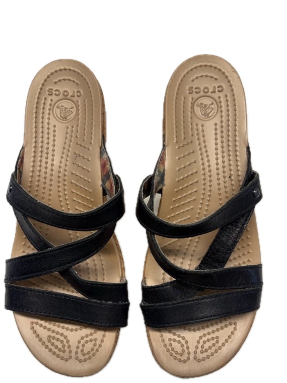 Crocs A-Leigh Leather Strappy Cork Wedge Sandals - Black - Size 6